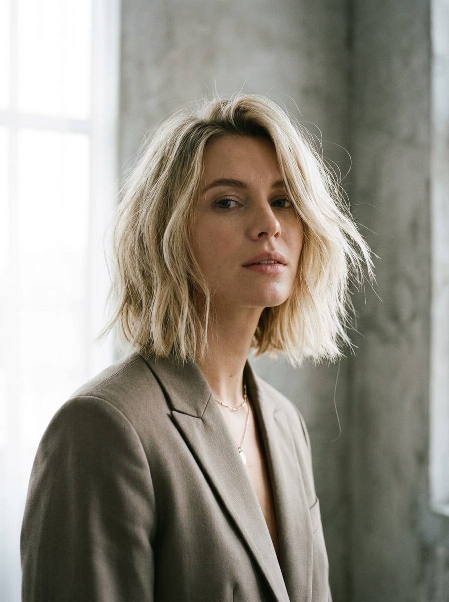 Choppy Lob in kühlem Blond - Mittellanger blonder Bob